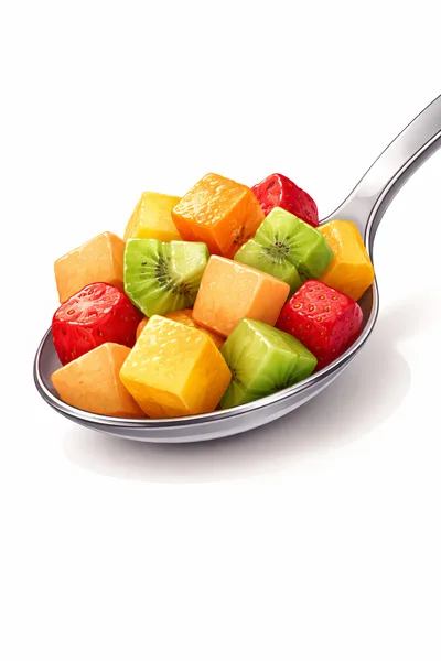 Spoonful Of Fresh Diced Fruit Salad Cubes