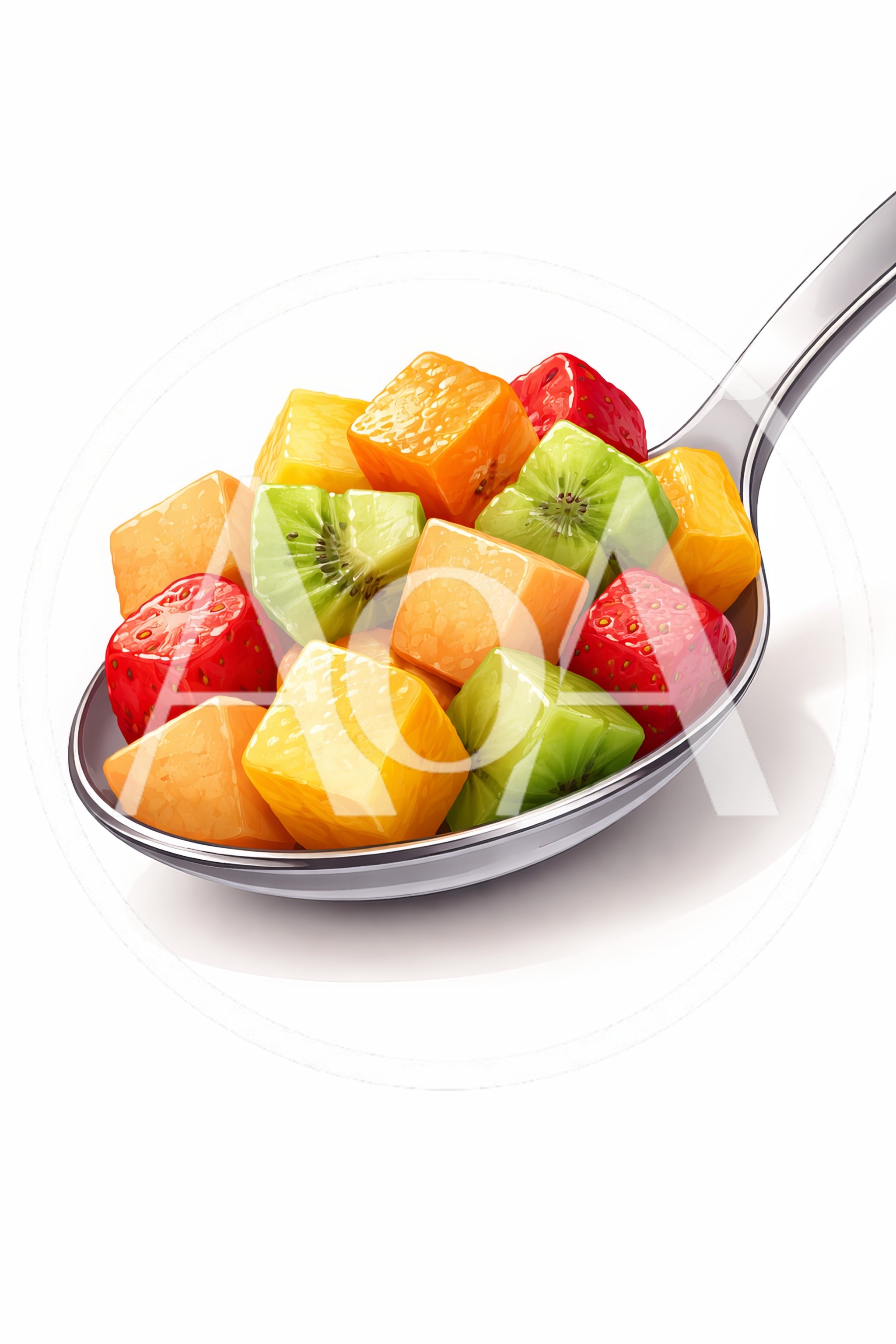 Spoonful Of Fresh Diced Fruit Salad Cubes