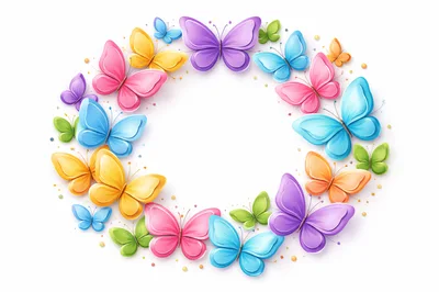 Colorful Butterfly Wreath Frame on White Background