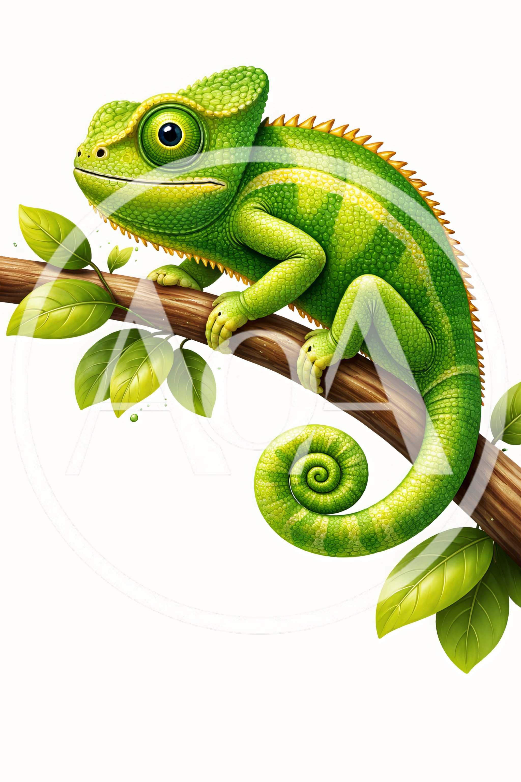 Vibrant Green Chameleon Perched On A Tree Branch