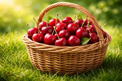Fresh Red Cherries In A Wicker Basket