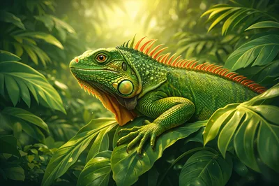 Green Iguana Resting On Lush Tropical Jungle Leaves