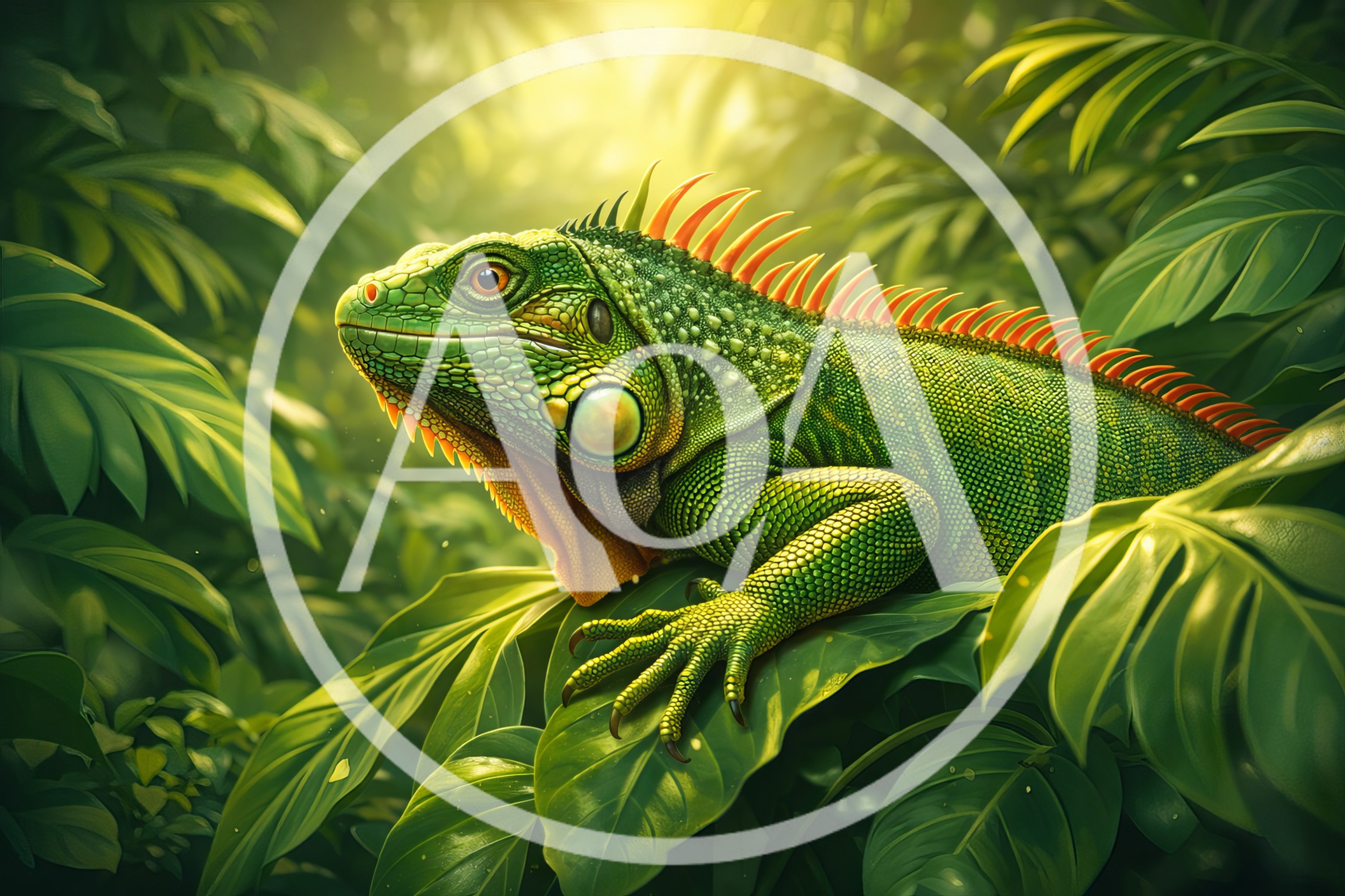 Green Iguana Resting On Lush Tropical Jungle Leaves
