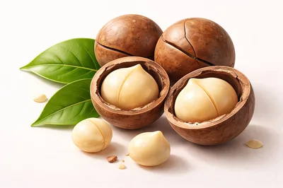Fresh Macadamia Nuts With Green Leaves