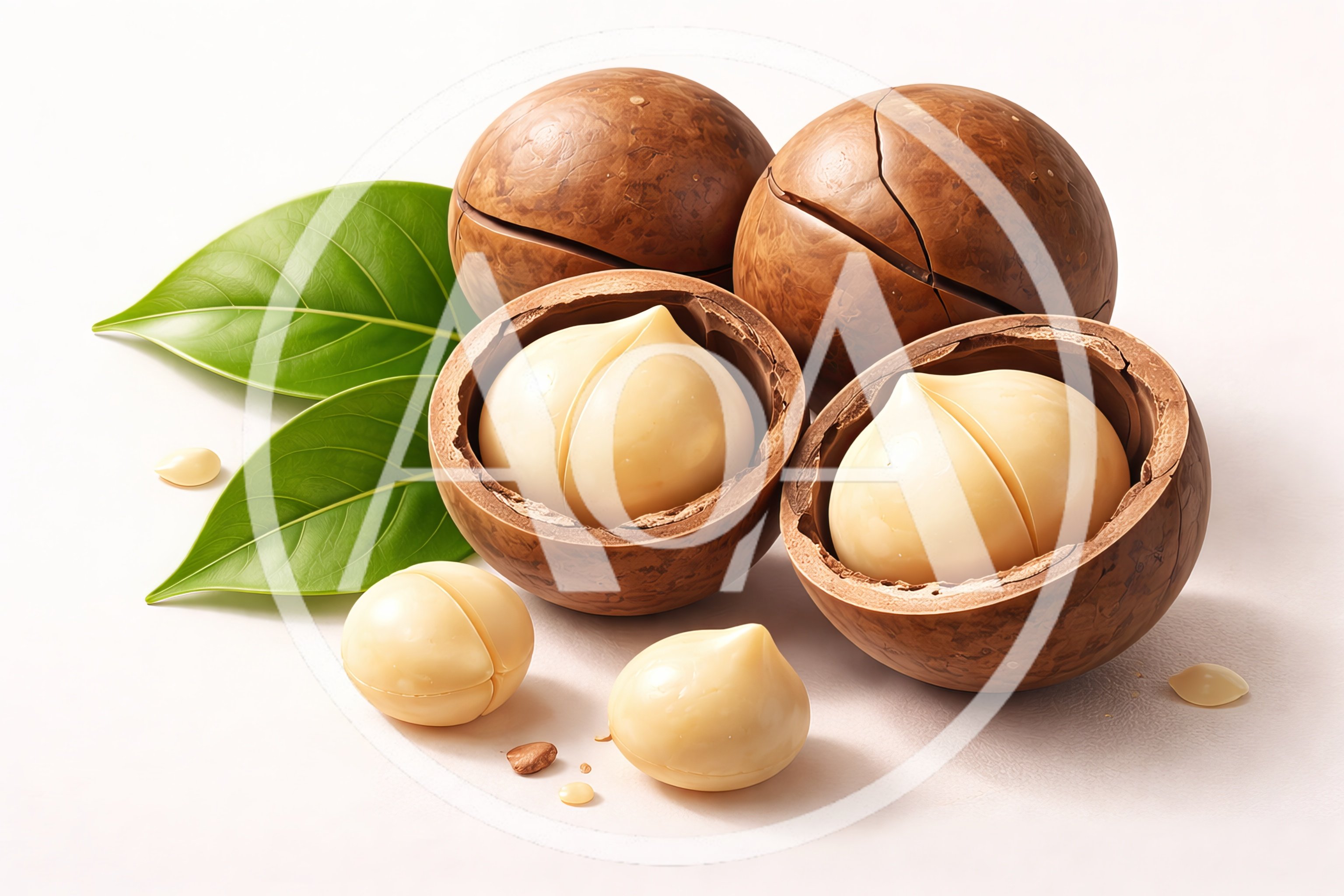Fresh Macadamia Nuts With Green Leaves