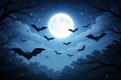 Silhouetted Bats Flying Under A Full Moon