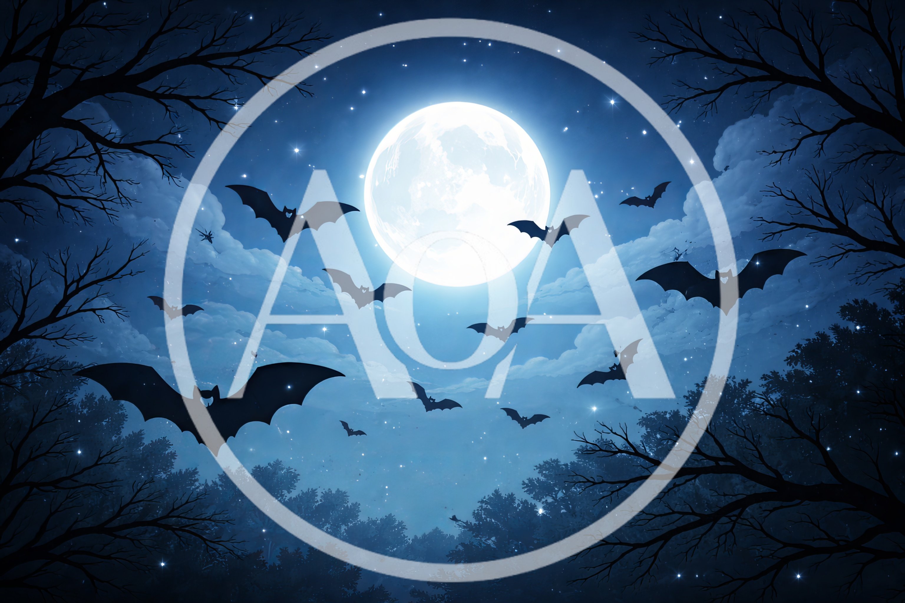Silhouetted Bats Flying Under A Full Moon