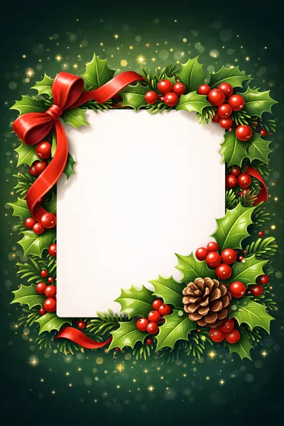 Christmas Holiday Greeting Card Frame With Holly And Pinecone