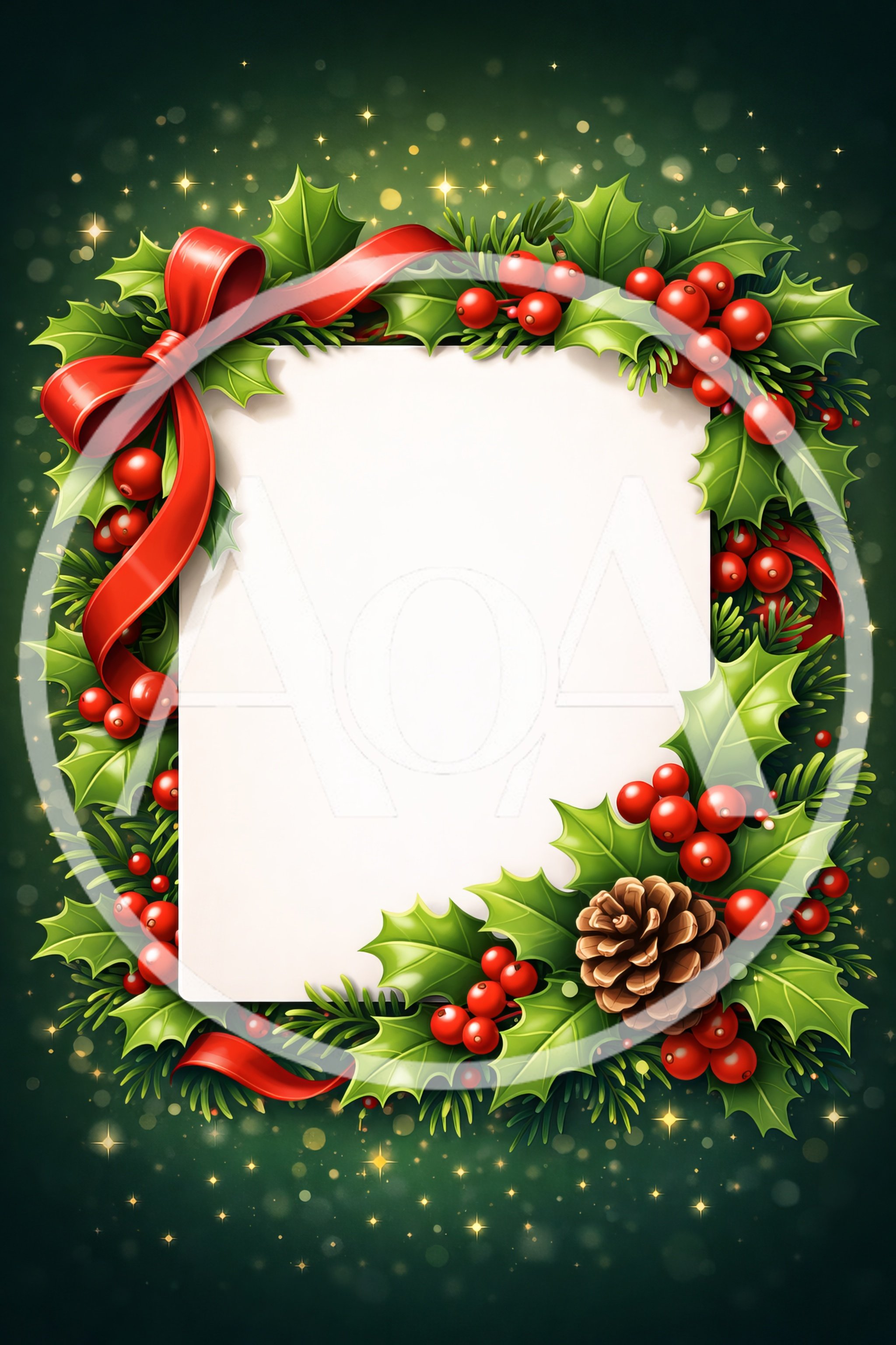 Christmas Holiday Greeting Card Frame With Holly And Pinecone
