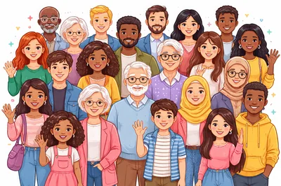 Diverse Group Of People Smiling And Waving
