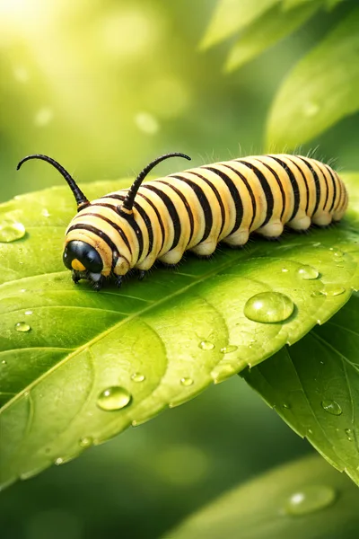 Monarch Caterpillar Crawling On A Dewy Green Leaf