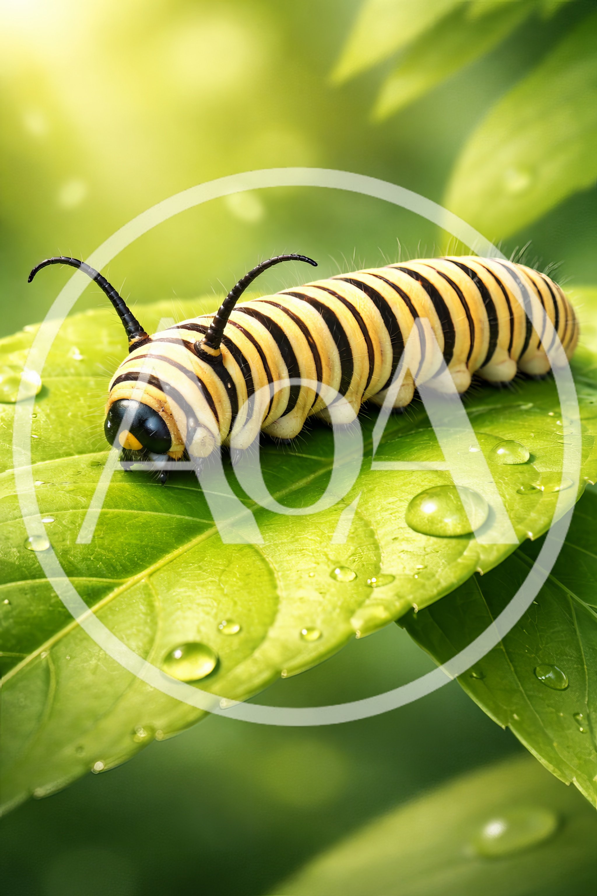 Monarch Caterpillar Crawling On A Dewy Green Leaf