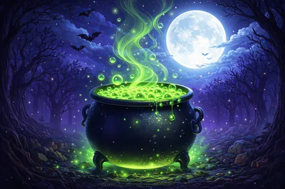 Magical Cauldron Bubbling With Green Potion In Forest