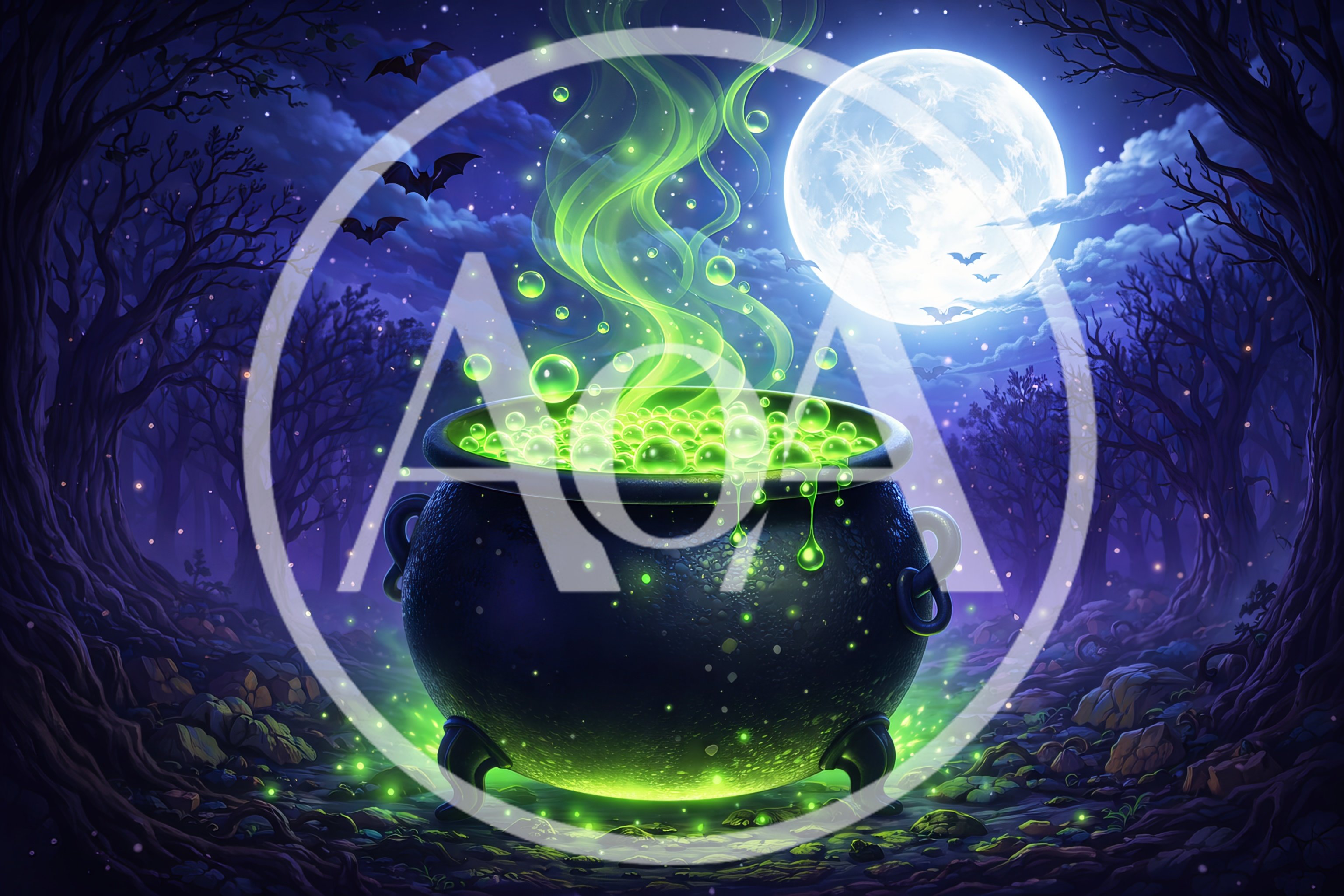 Magical Cauldron Bubbling With Green Potion In Forest
