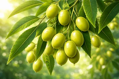 Fresh Green Neem Fruit Hanging From Tree Branches