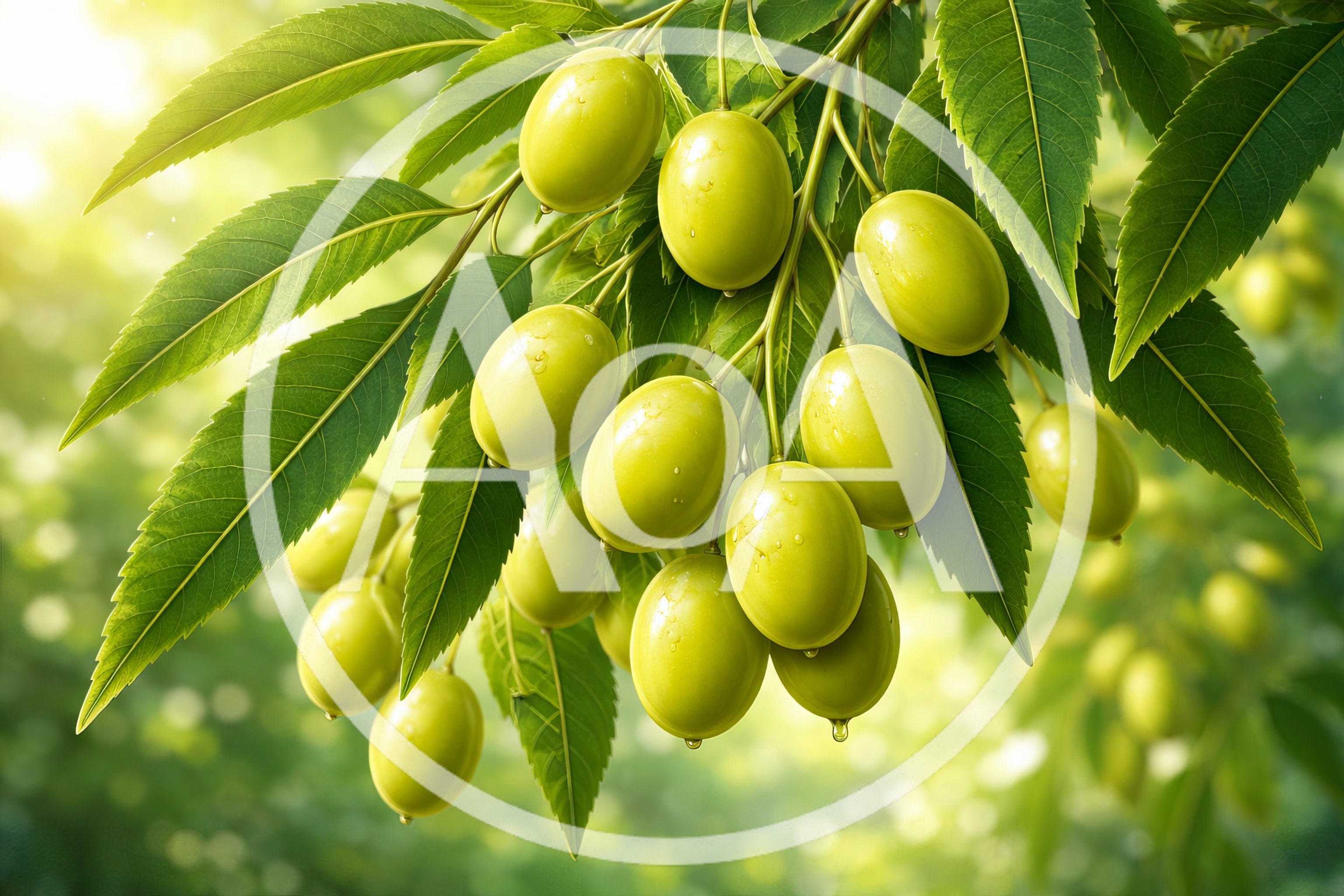 Fresh Green Neem Fruit Hanging From Tree Branches