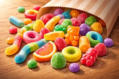 Assorted Colorful Gummy Candies Spilled From Paper Bag