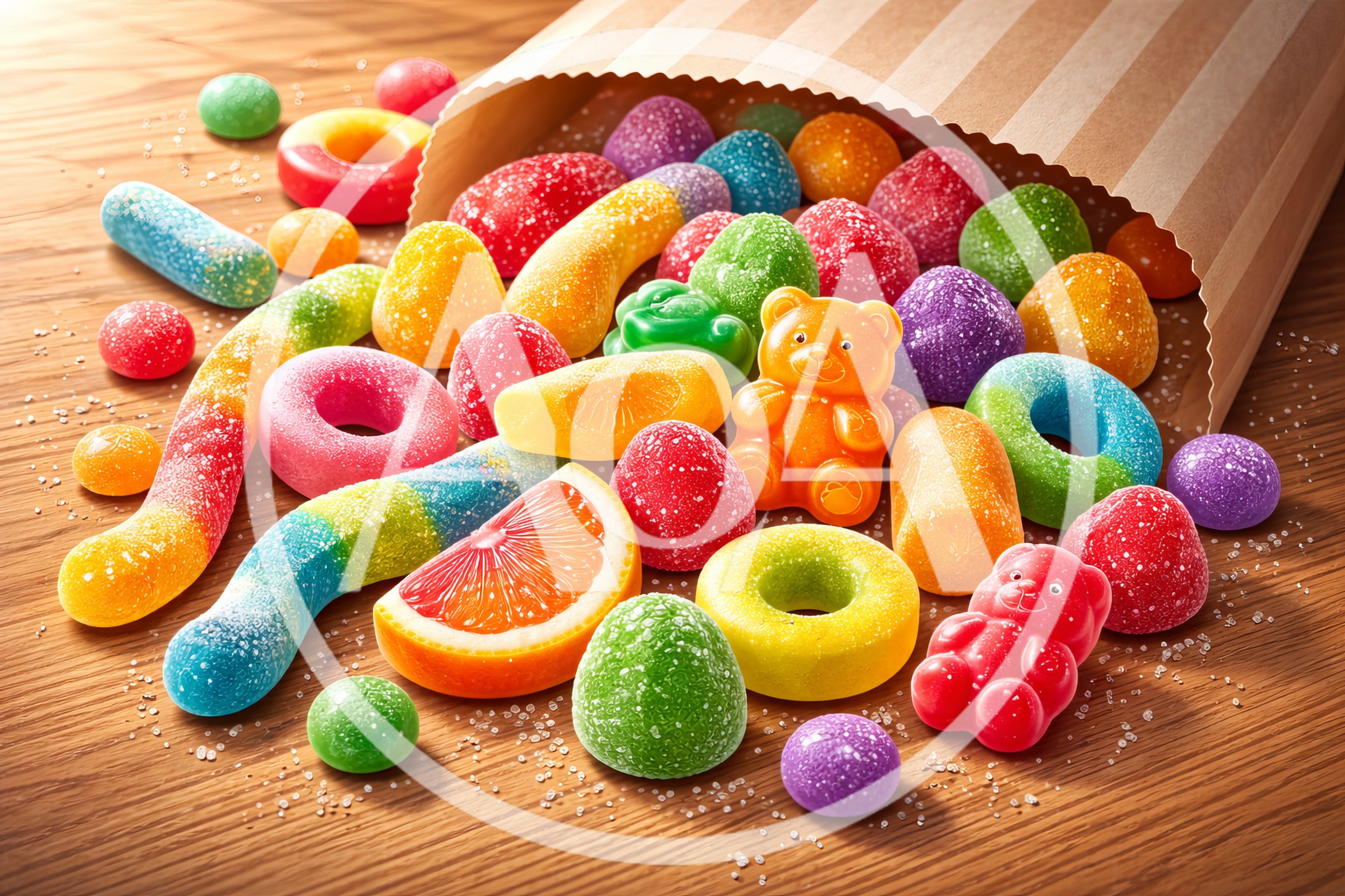 Assorted Colorful Gummy Candies Spilled From Paper Bag