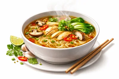 Bowl Of Chicken Ramen With Bok Choy And Mushrooms