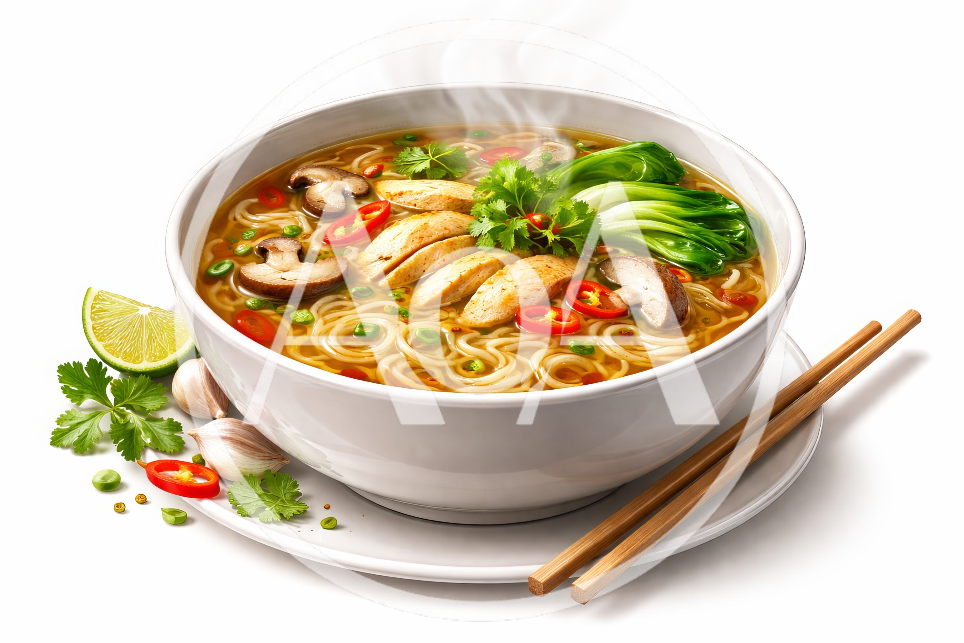 Bowl Of Chicken Ramen With Bok Choy And Mushrooms