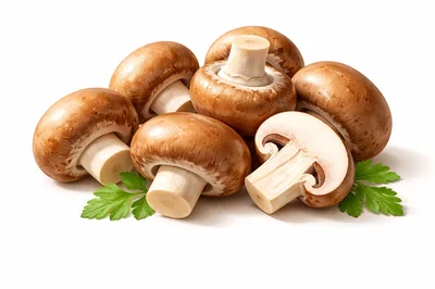 Fresh Brown Cremini Mushrooms With Green Parsley Sprigs