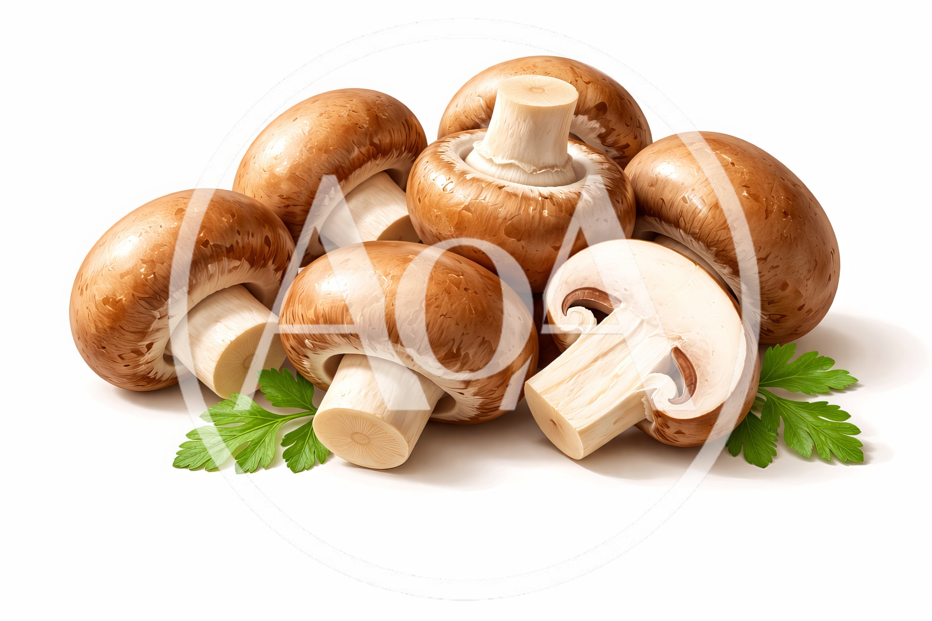 Fresh Brown Cremini Mushrooms With Green Parsley Sprigs