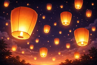 Floating Paper Lanterns In A Night Sky