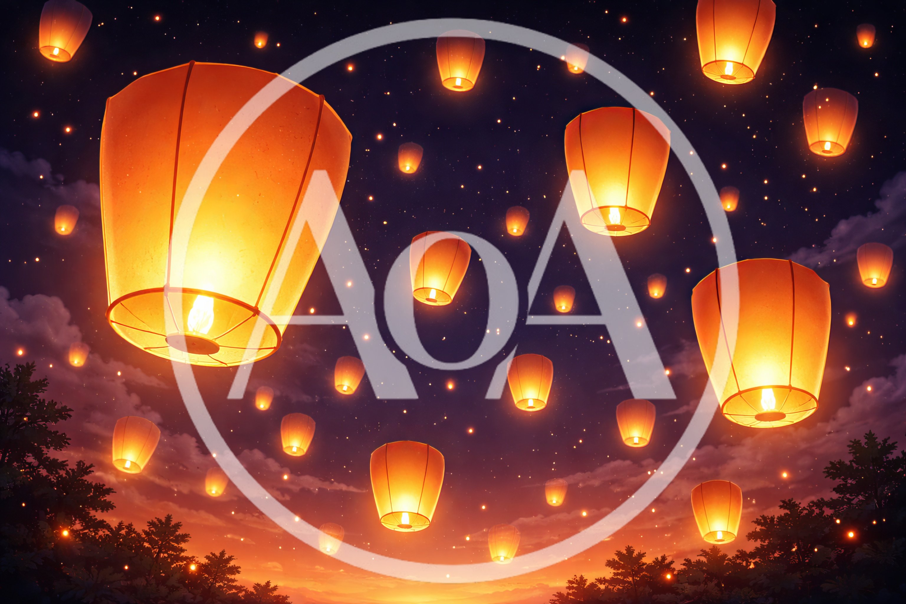 Floating Paper Lanterns In A Night Sky