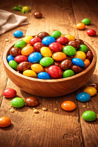 Wooden Bowl Filled With Colorful Chocolate Candies