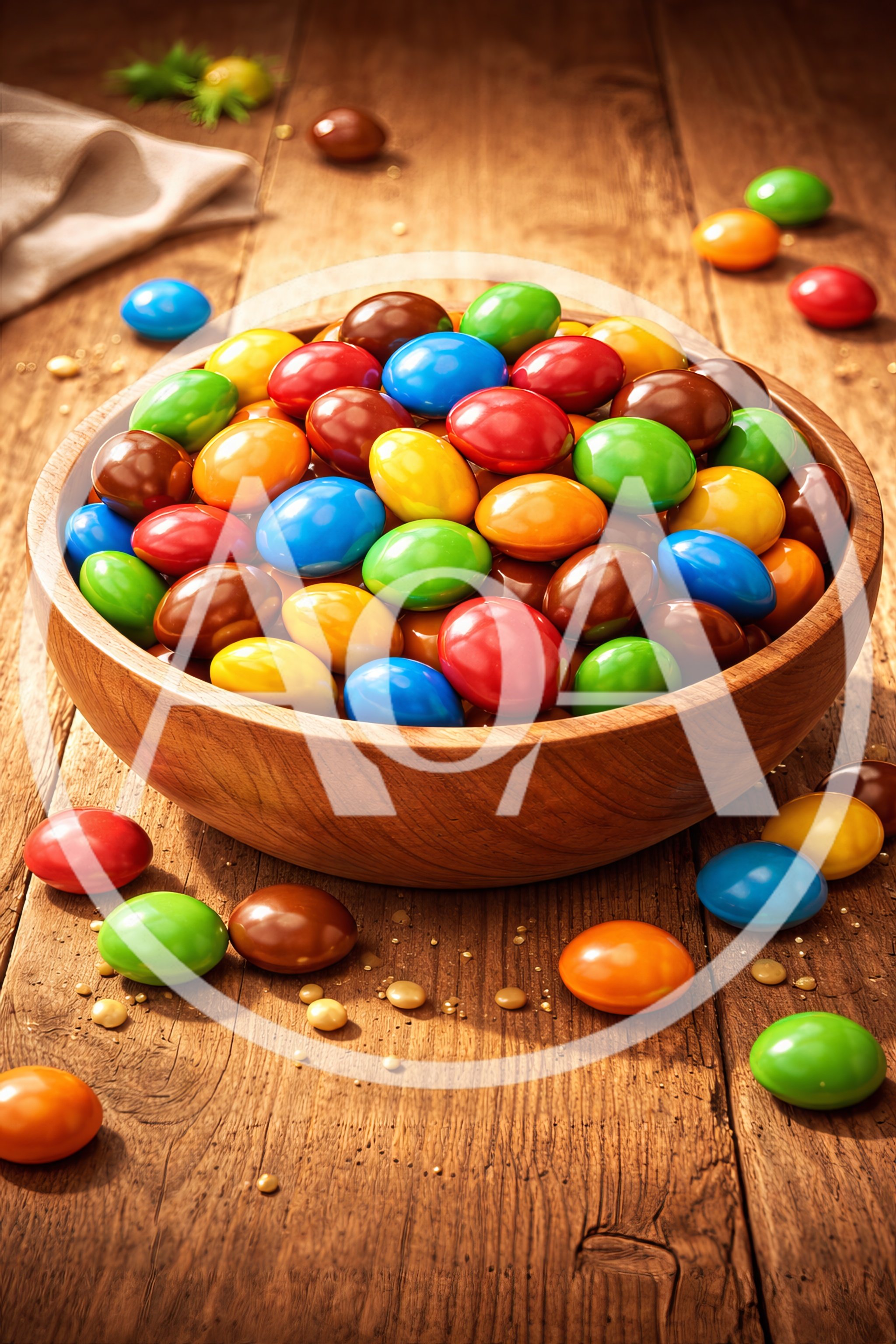 Wooden Bowl Filled With Colorful Chocolate Candies