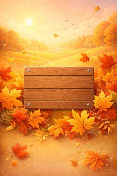 Wooden Signboard Surrounded By Vibrant Autumn Maple Leaves