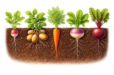 Cross Section Illustration Of Various Root Vegetables