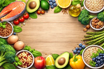 Healthy Food Ingredients Arranged On Wooden Background