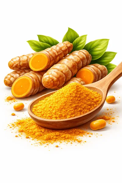 Turmeric Roots and Powder on Wooden Spoon
