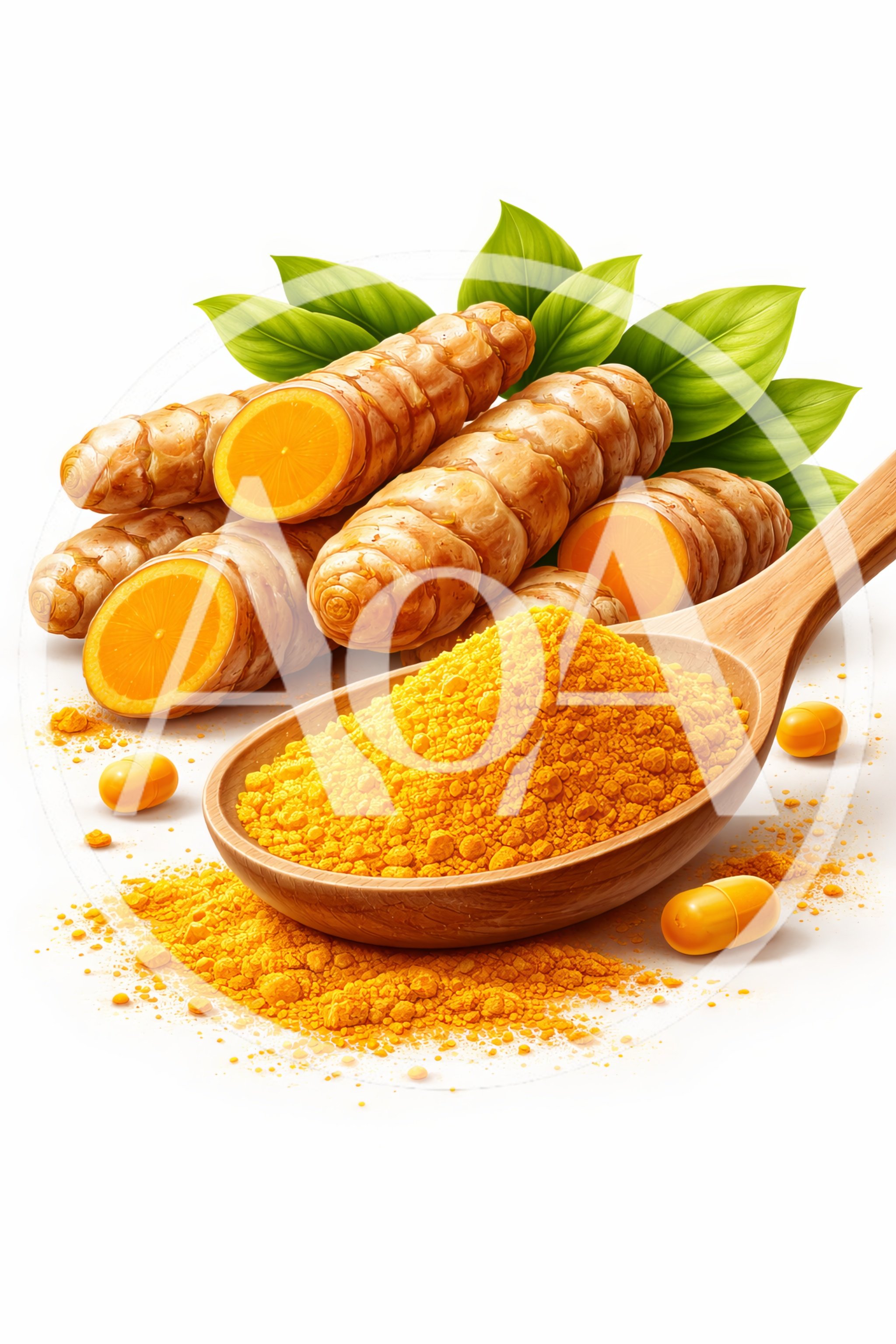 Turmeric Roots and Powder on Wooden Spoon