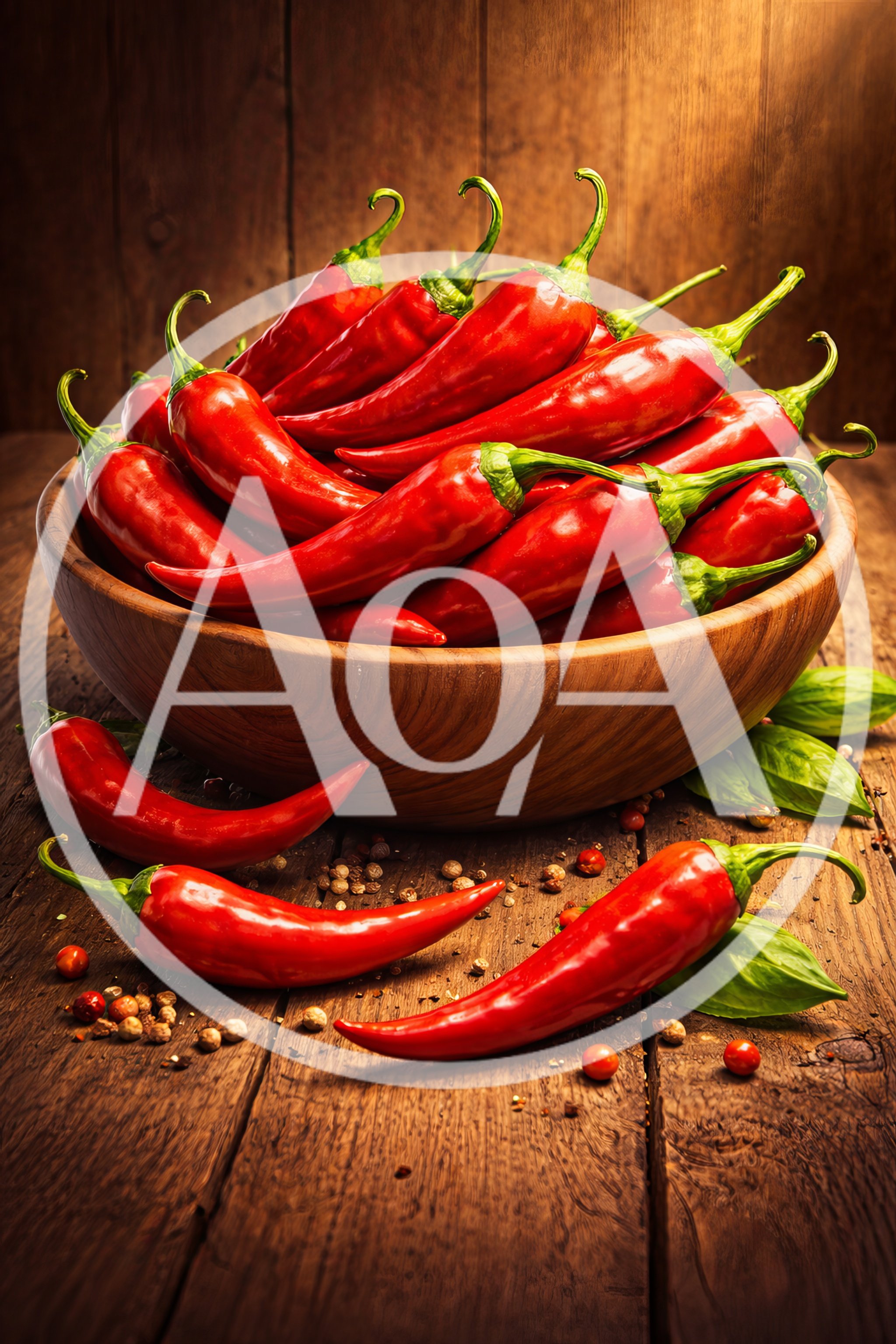 Fresh Red Chili Peppers in Wooden Bowl