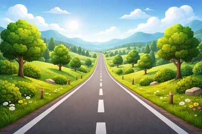 Scenic Asphalt Road Through Rolling Green Hills