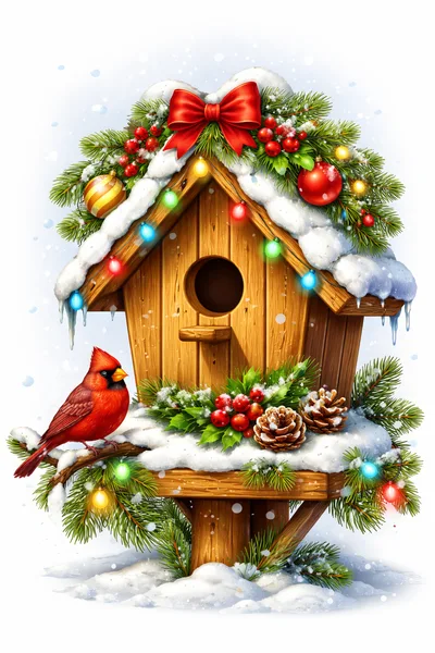 Festive Wooden Birdhouse With Cardinal In Winter Setting