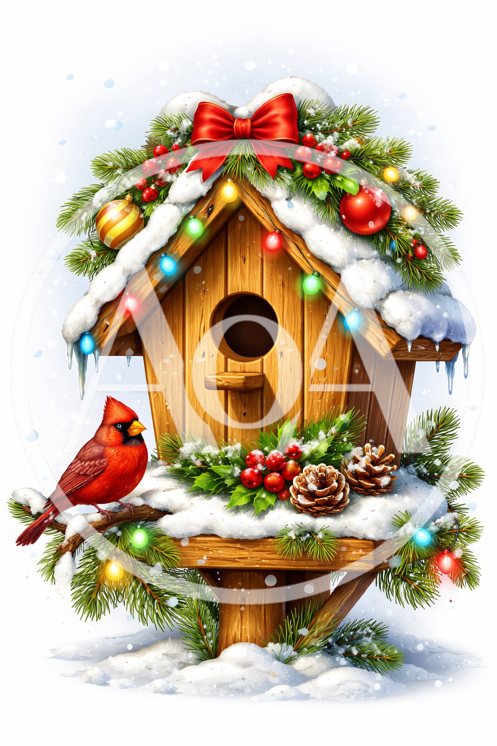Festive Wooden Birdhouse With Cardinal In Winter Setting