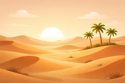 Desert Landscape With Palm Trees At Sunset