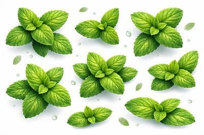 Fresh Green Mint Leaves Collection on White Background