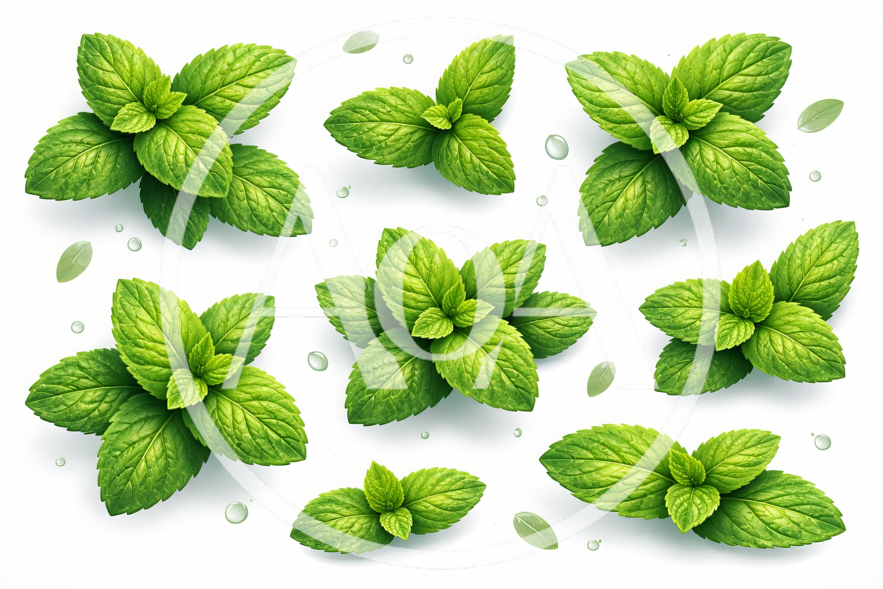 Fresh Green Mint Leaves Collection on White Background