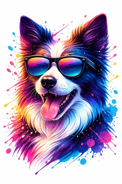 Colorful Artistic Portrait Of A Cool Dog Wearing Sunglasses