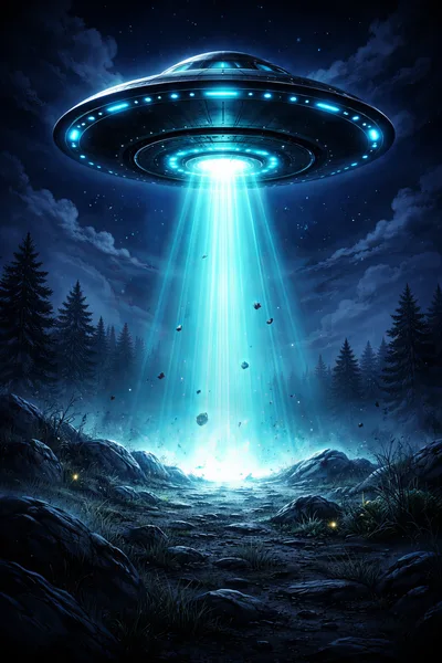 UFO Hovering Over A Dark Forest At Night