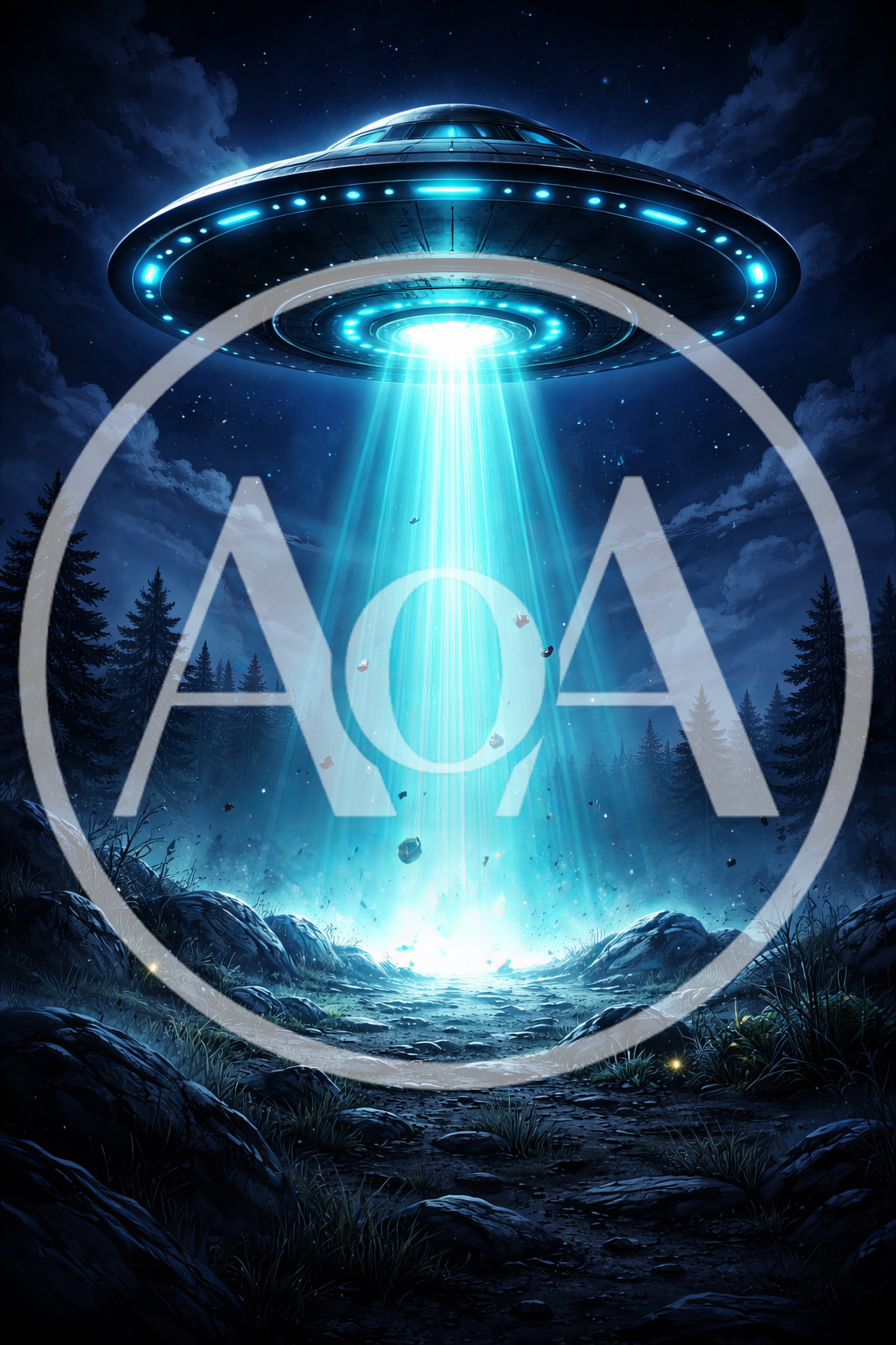 UFO Hovering Over A Dark Forest At Night