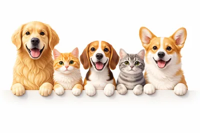 Group Of Cute Dogs And Cats Peeking Over Banner