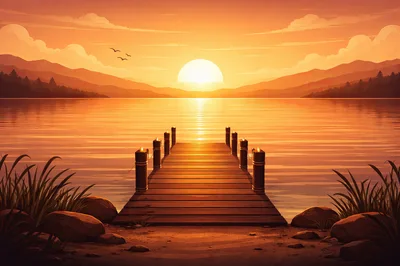 Wooden Pier Extending Into A Calm Sunset Lake