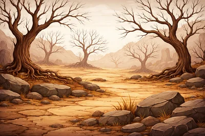 Barren Desert Landscape With Dead Trees And Rocks