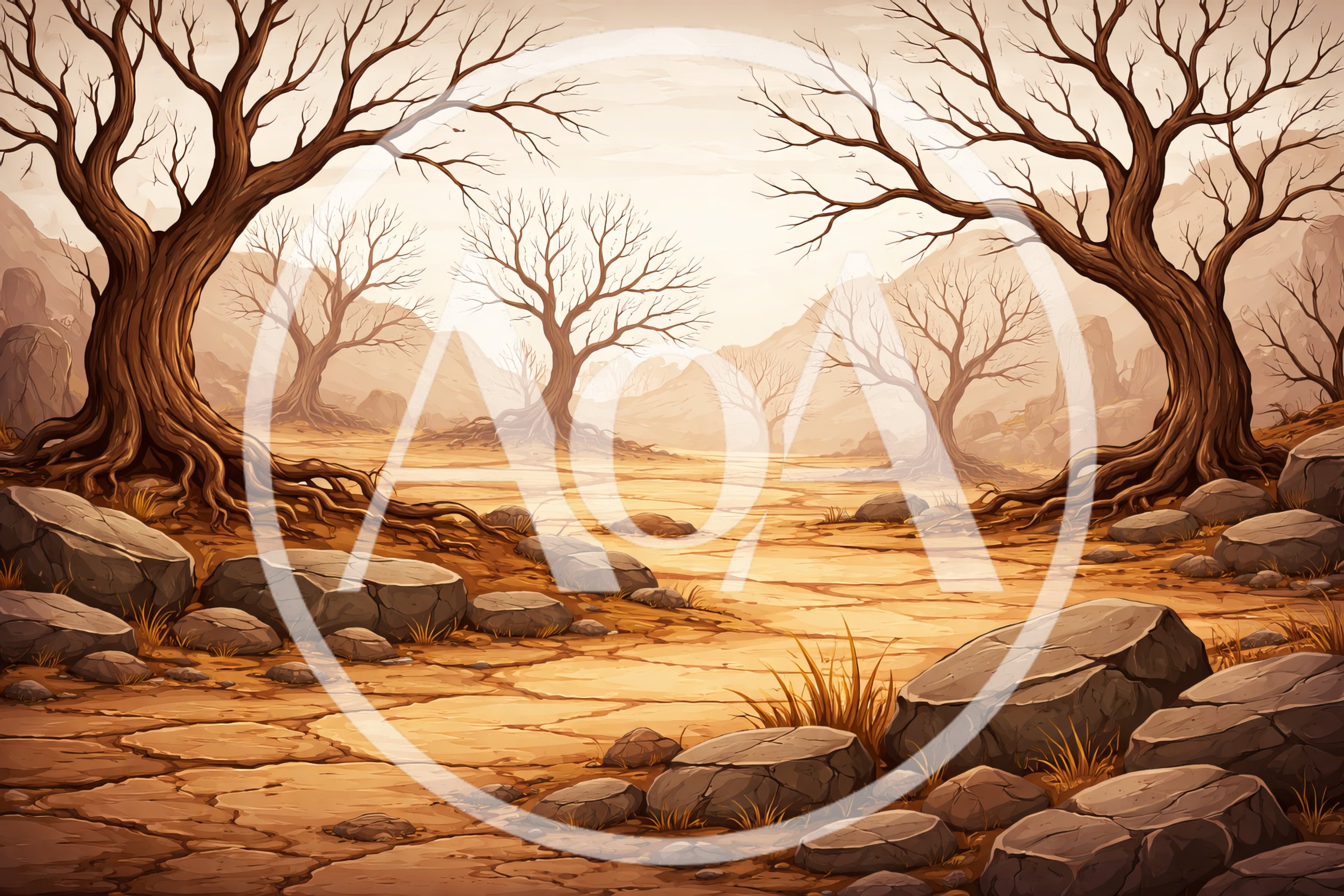 Barren Desert Landscape With Dead Trees And Rocks