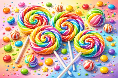 Colorful Rainbow Swirl Lollipops and Assorted Candies